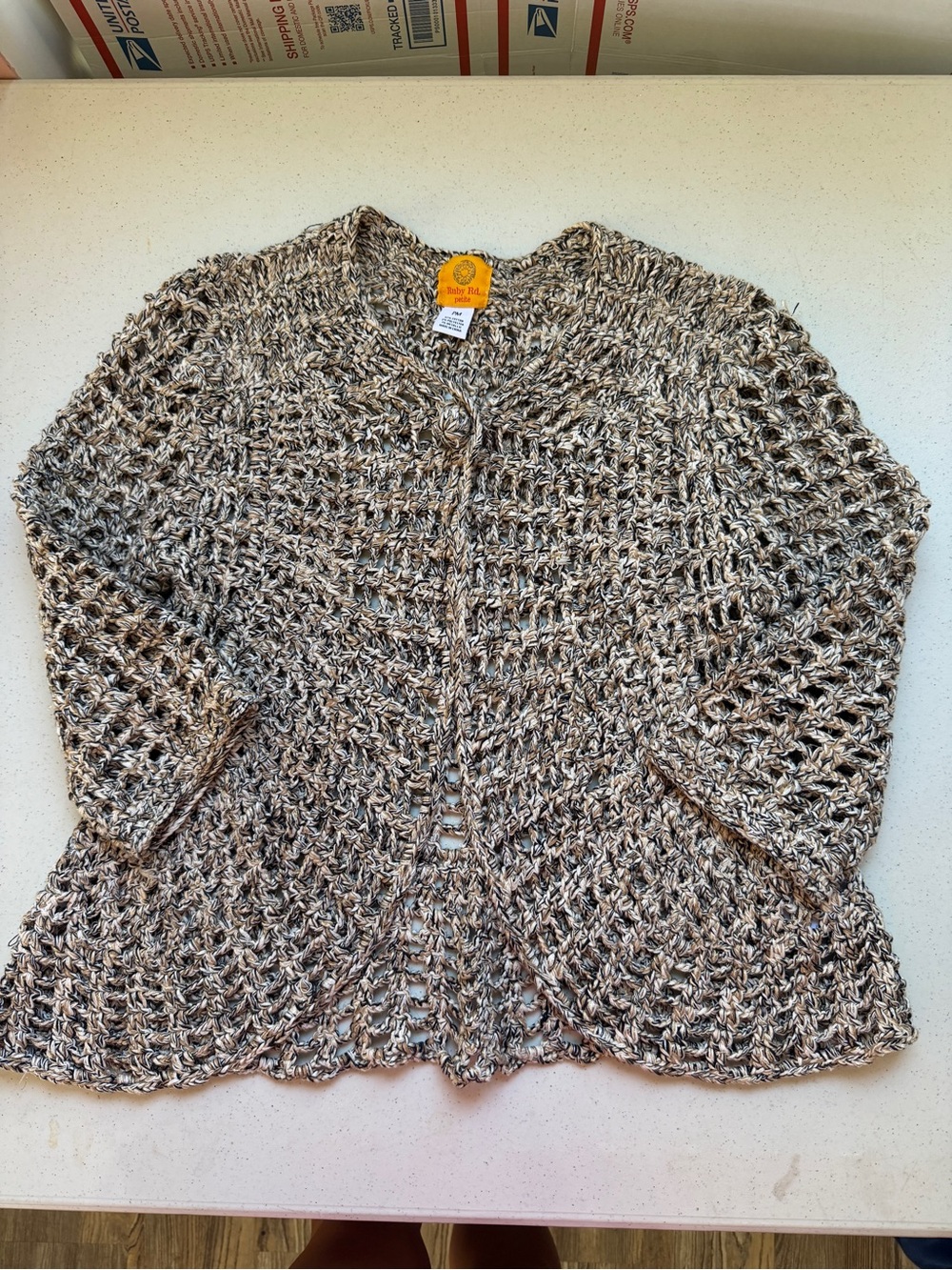 Ruby Rd Cozy Open-Knit Crochet Neutral Sweater Cardigan | petite medium